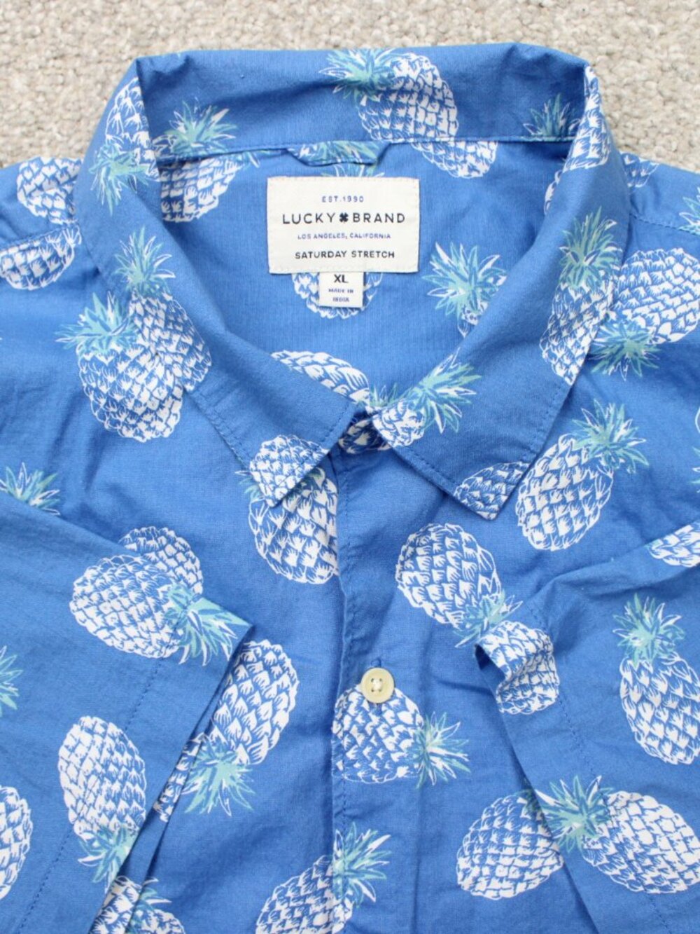 Lucky Brand Camp Shirt Men XL Blue Saturday Stretch Pineapple AOP Loop Collar SS